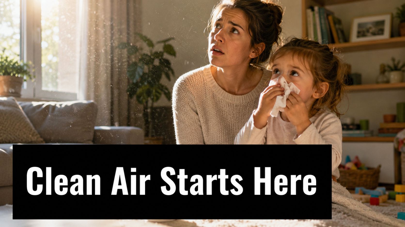 A concerned mother looking at dust particles in the air while her daughter holds a tissue.