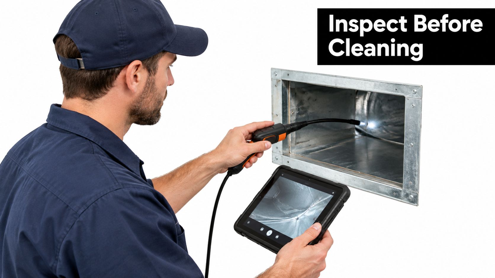 A technician uses a digital inspection camera to examine the inside of an air duct system.