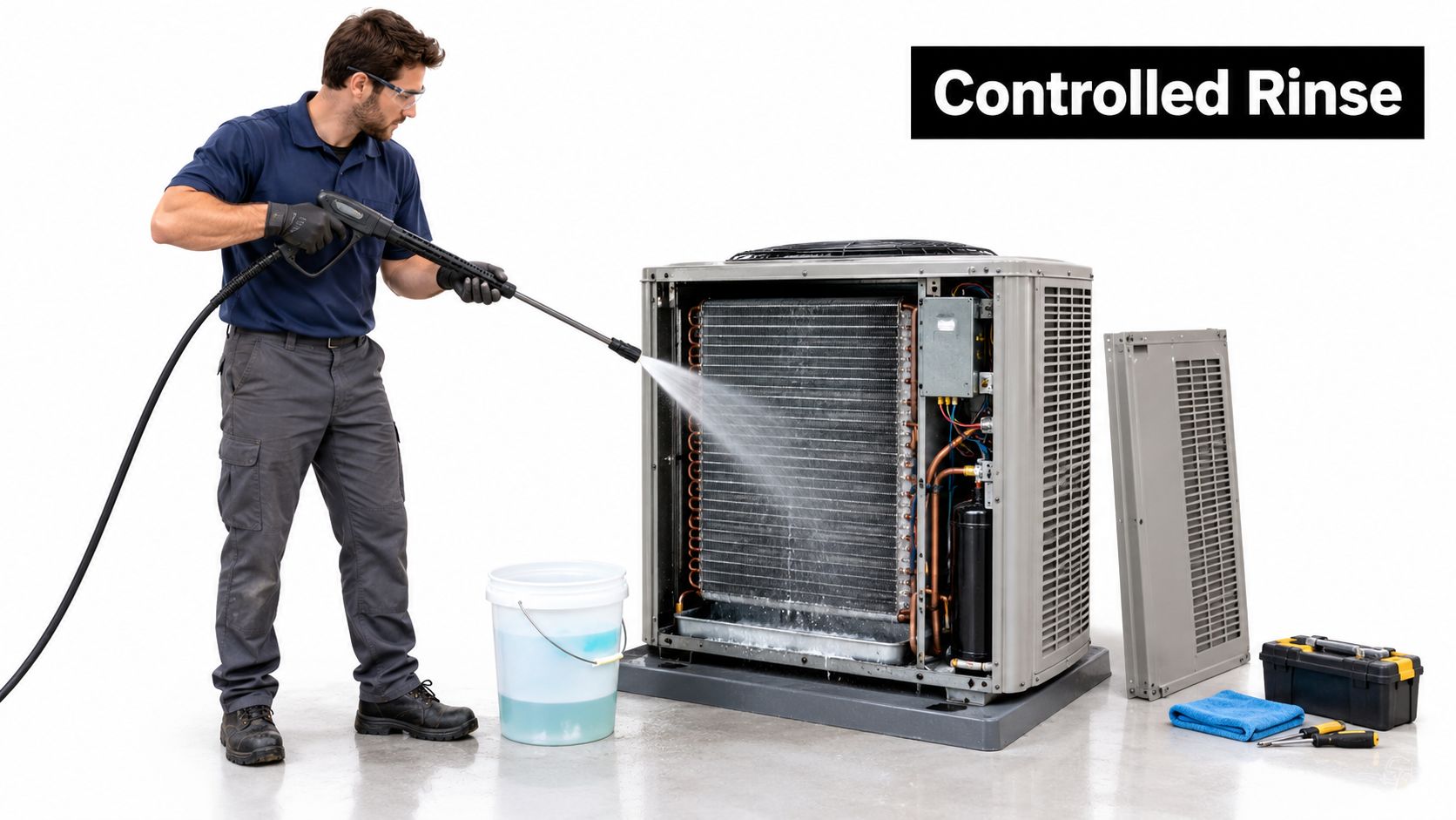 A technician wearing safety gear uses a pressure washer to clean an outdoor air conditioning condenser unit.