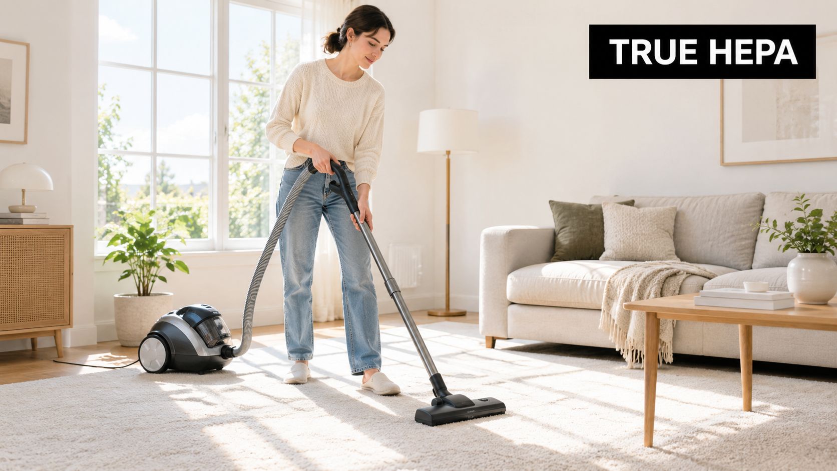 A woman vacuuming a living room rug with a canister vacuum cleaner labeled True HEPA.