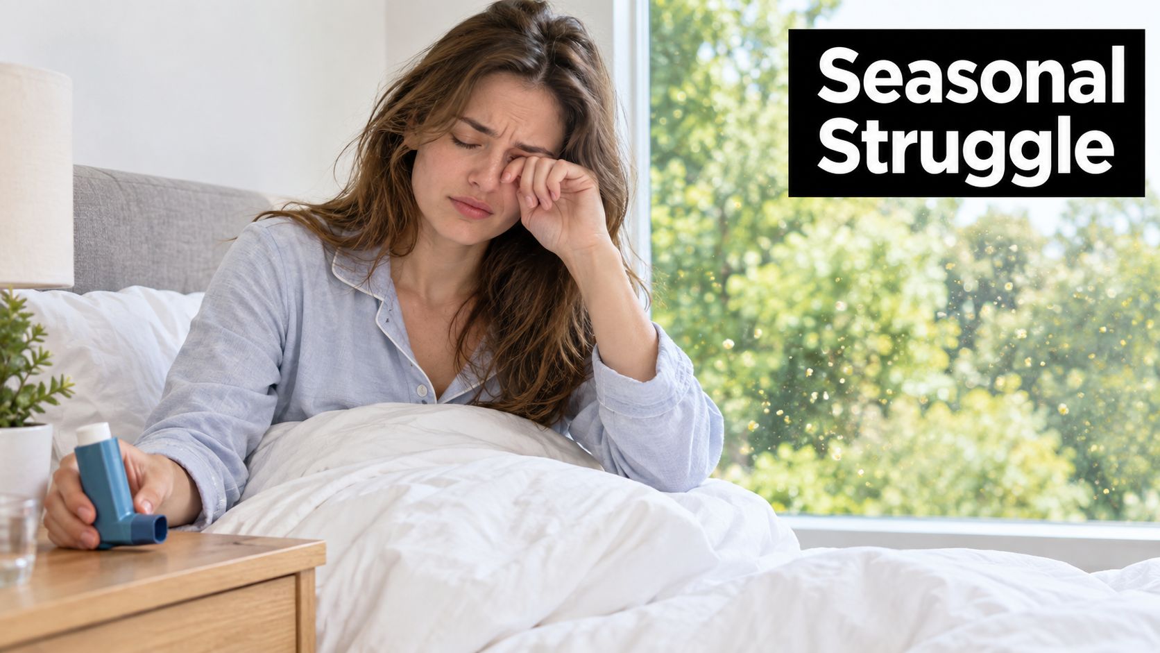 A woman suffering from seasonal allergies sits in bed holding an inhaler while rubbing her tired eyes.