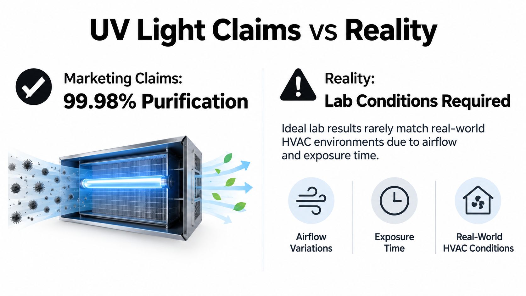 A comparison graphic showing the gap between marketing claims for UV light air purification and real-world HVAC effectiveness.