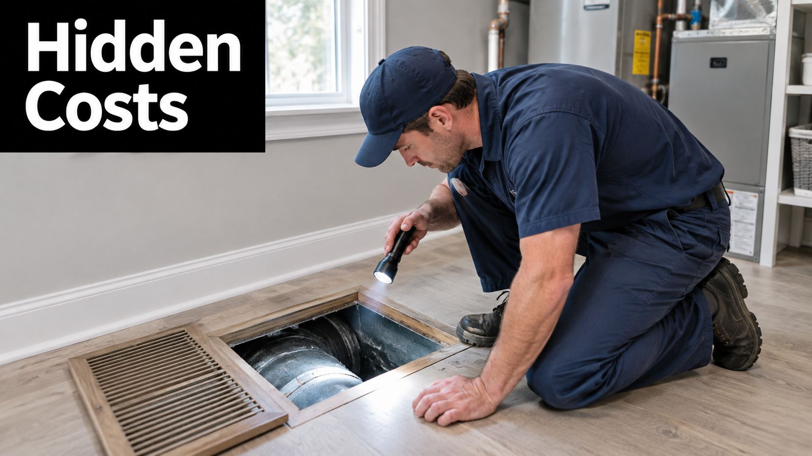 A professional technician wearing a blue uniform inspecting a floor air duct with a bright flashlight.