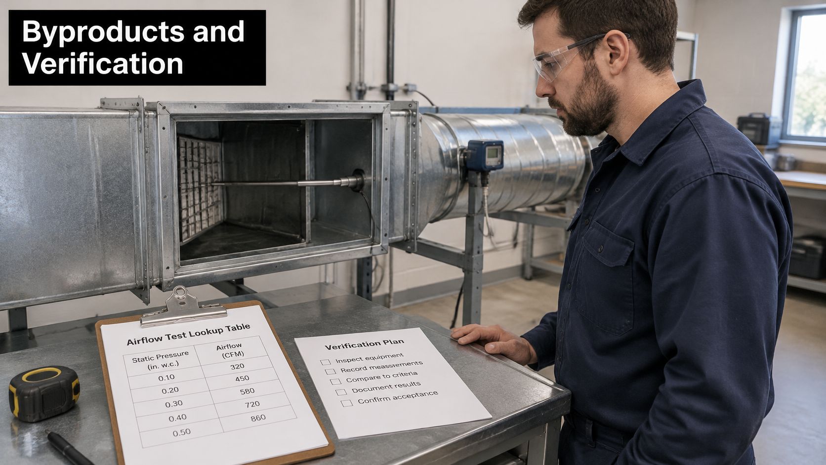 A technician wearing safety glasses performs an air flow verification test on an industrial ventilation duct.