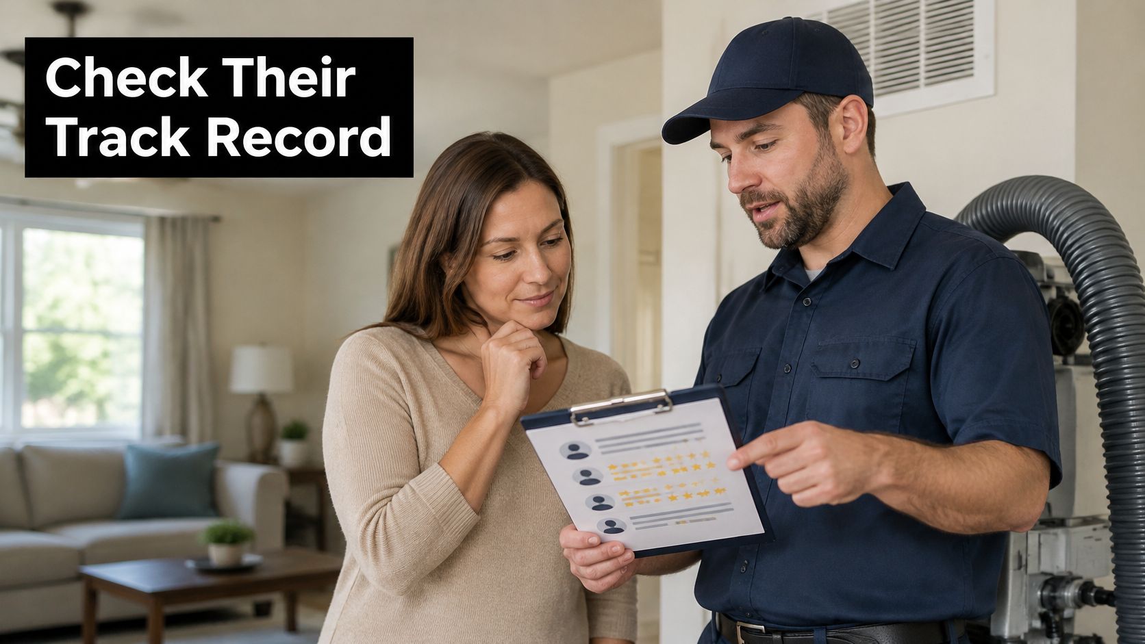 A professional technician showing a homeowner customer positive service reviews on a clipboard during a home visit.