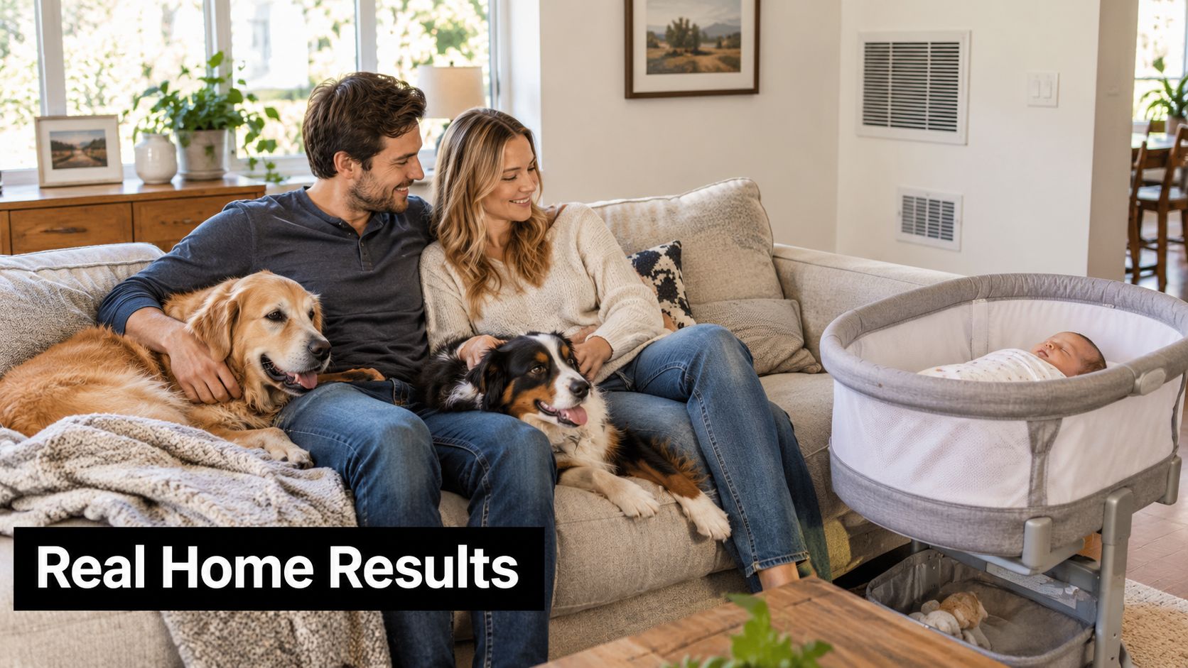 A happy young couple relaxing on a couch with their two dogs and a newborn baby