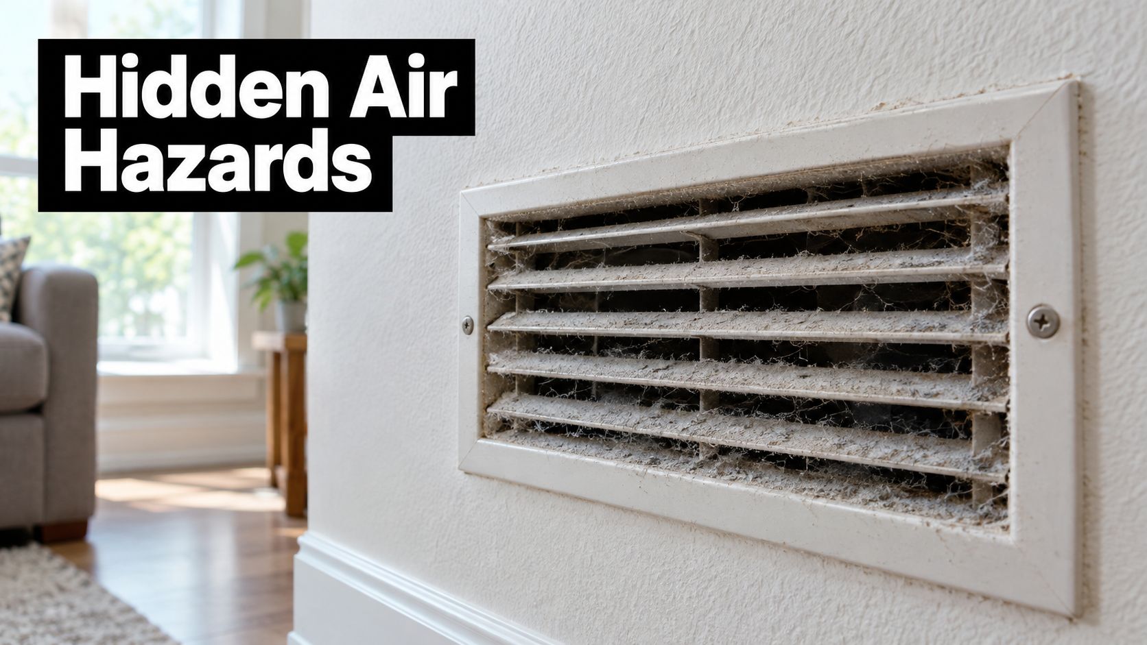 A dirty and dust-covered residential air vent mounted on a white wall in a living room.
