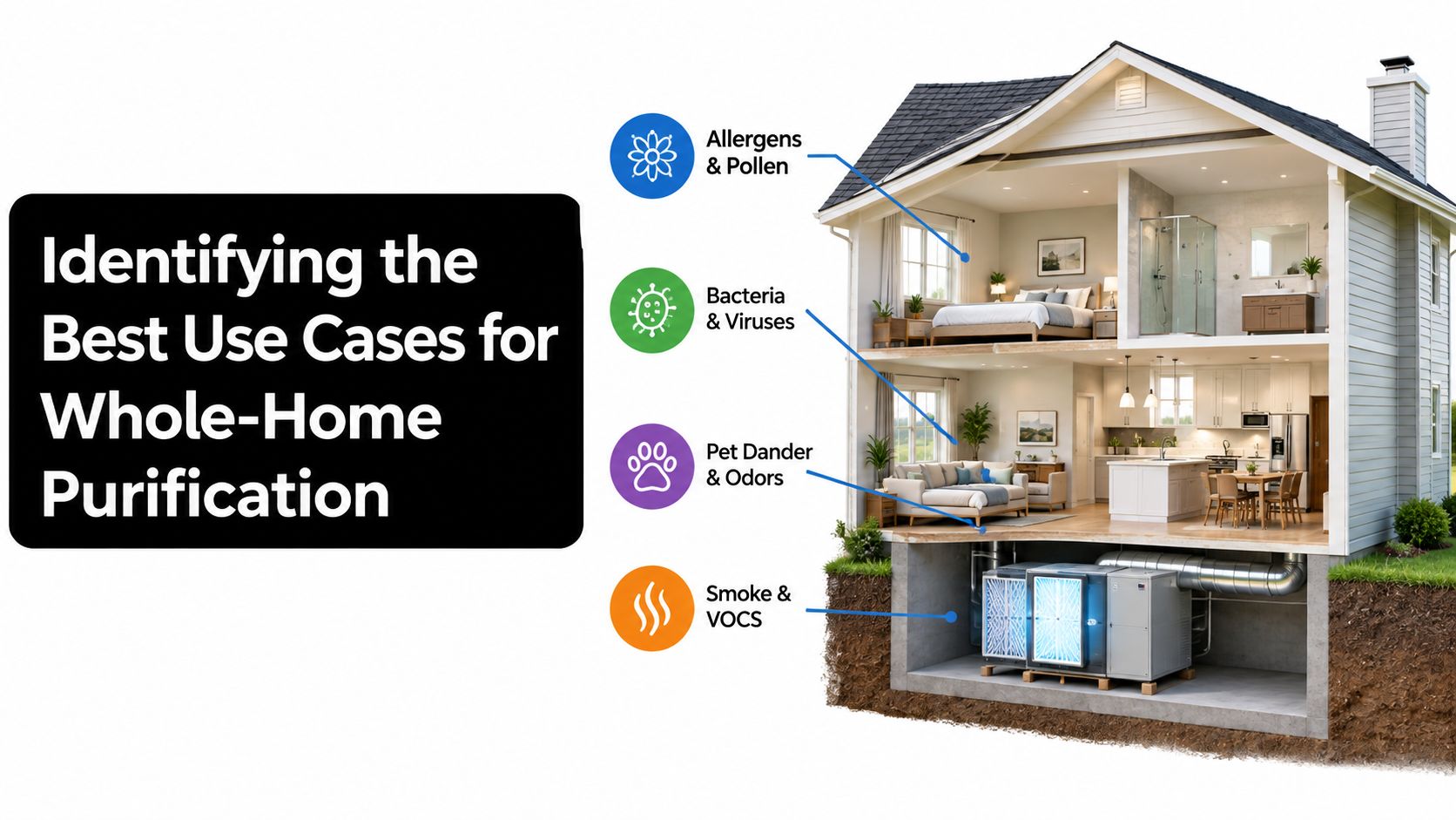 A diagram illustrating how whole-home air purification systems remove pollutants like allergens, bacteria, and smoke from houses.