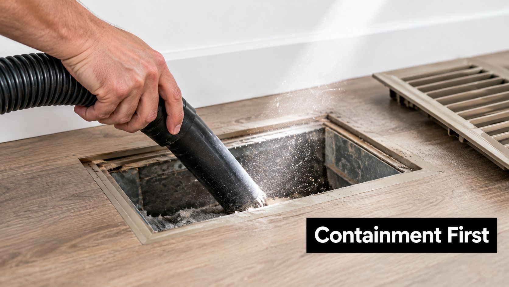A close-up shot of a hand using a vacuum attachment to clean debris from a floor air vent.