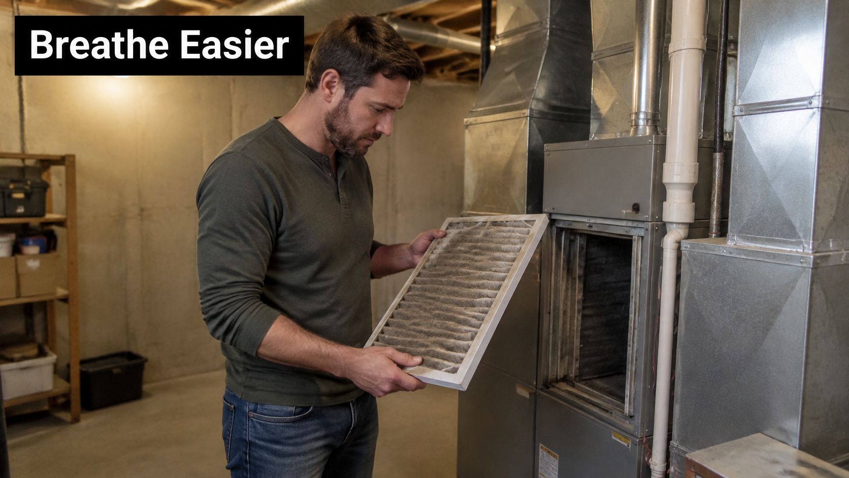 A man in a basement holds a dirty, dust-covered HVAC air filter removed from his home furnace.