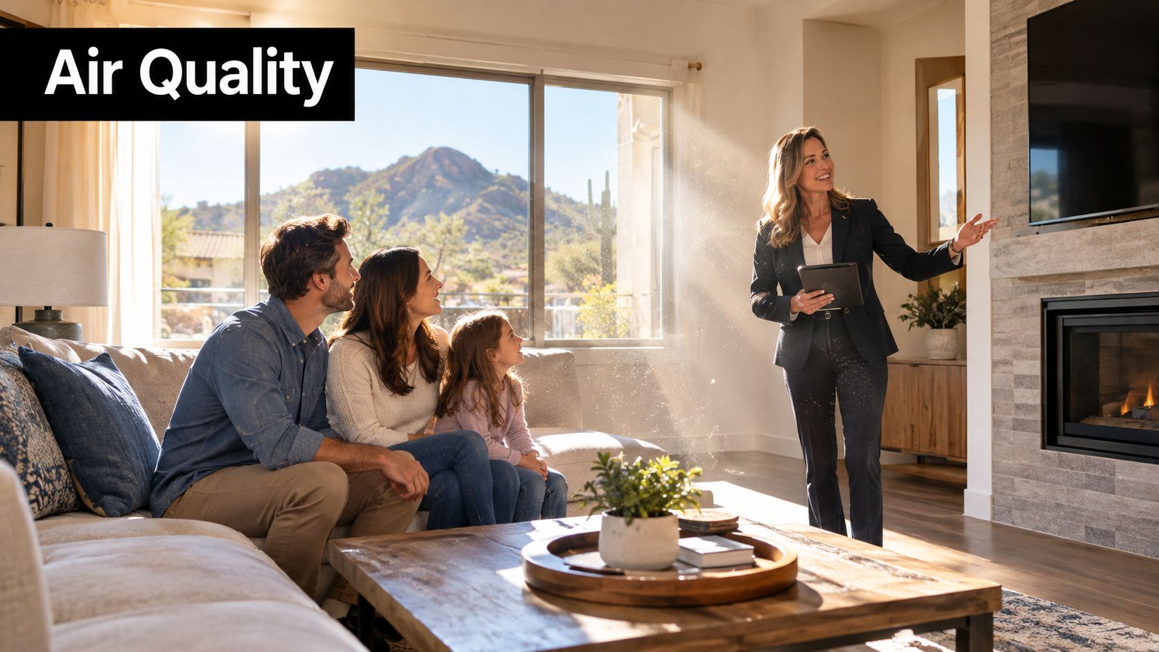 A professional real estate consultant presents air quality information to a family in a bright living room.