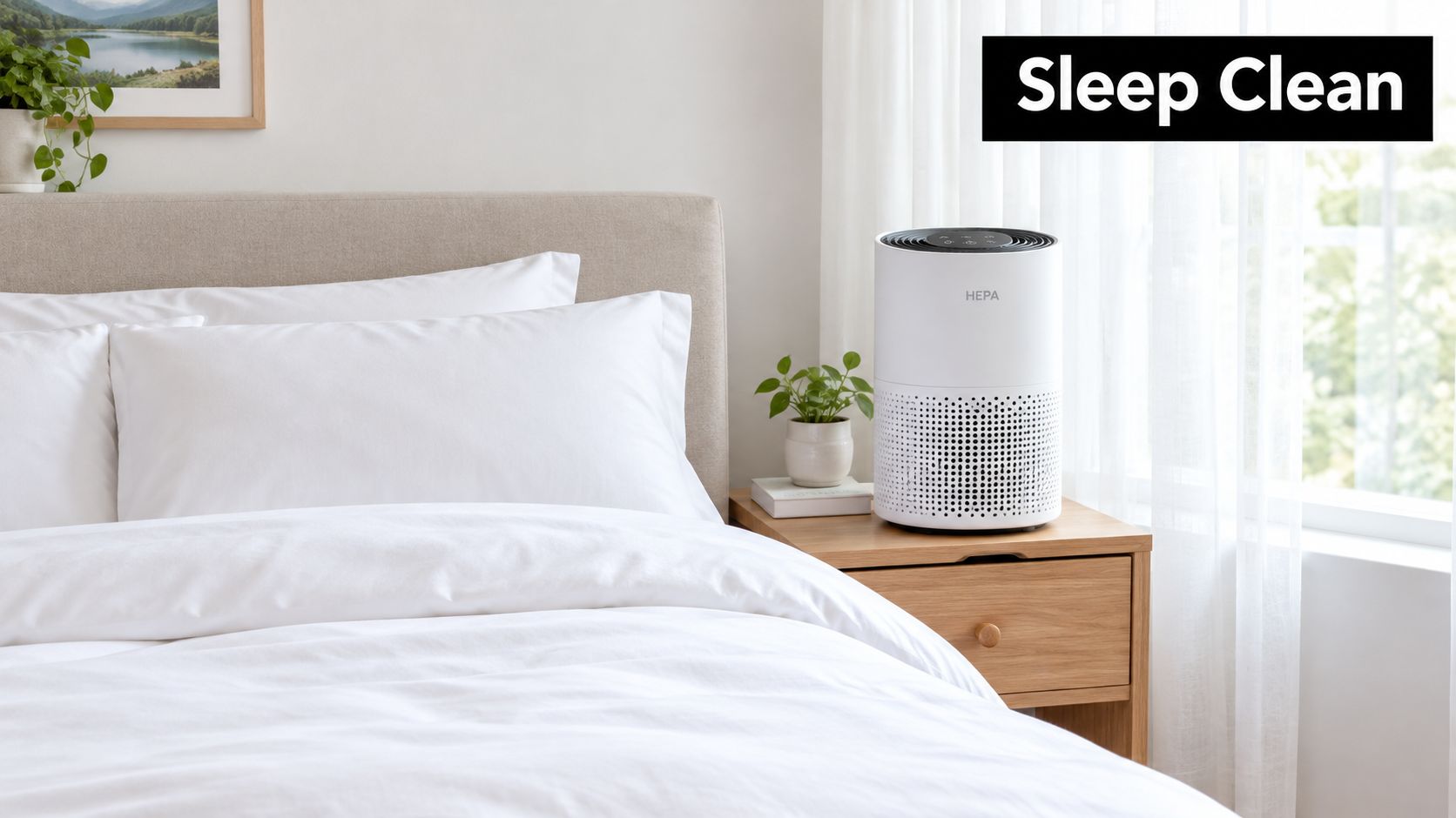A sleek white HEPA air purifier sits on a bedside table in a clean, minimalist bedroom.