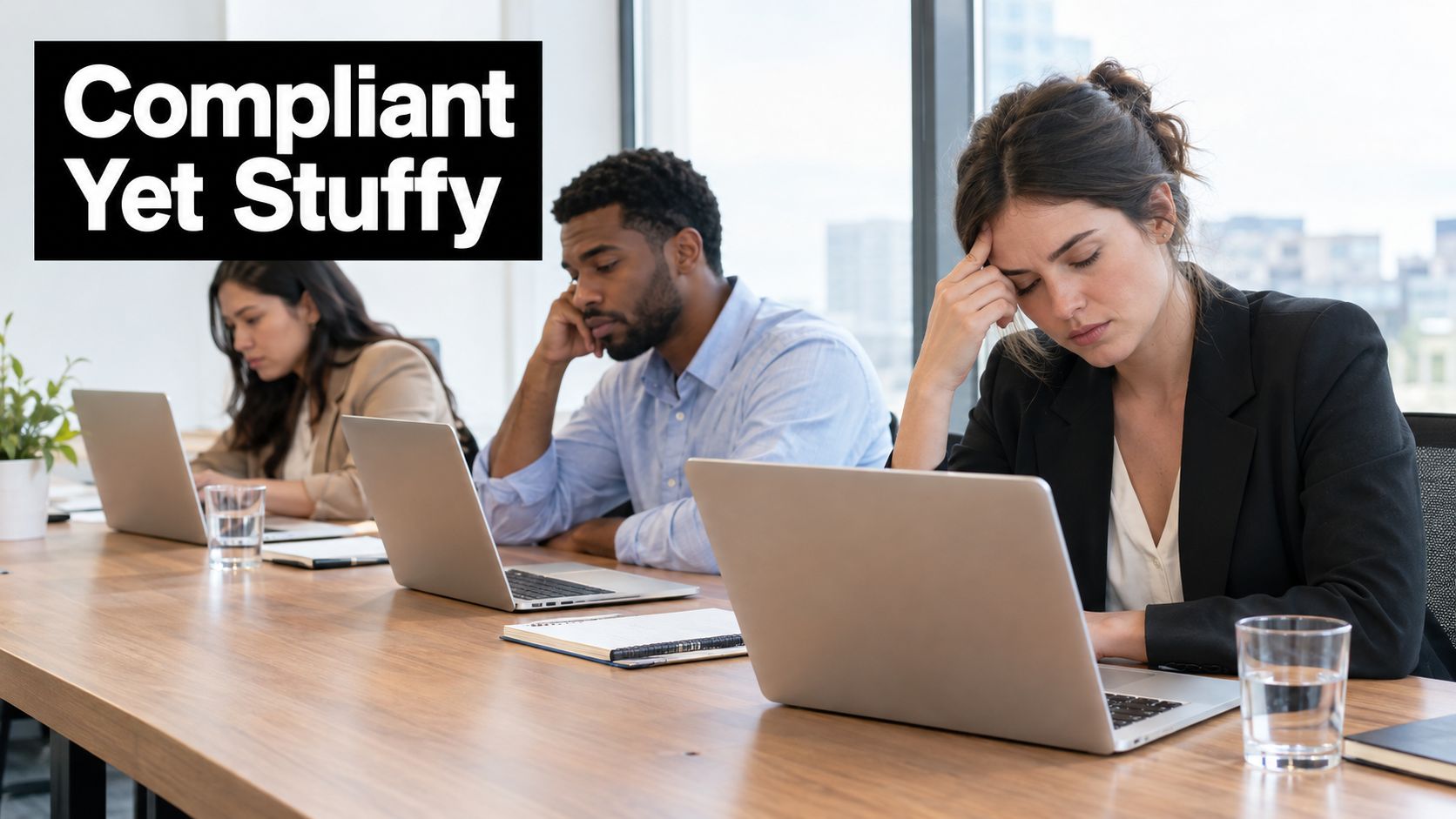 Three tired employees working on laptops in a modern office meeting room, feeling lethargic.