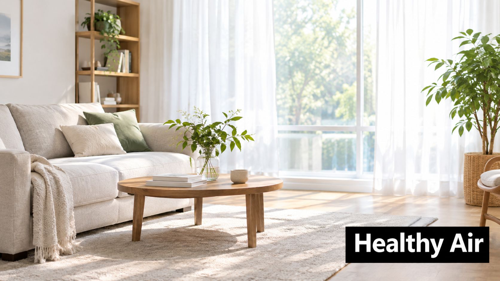 A serene sunlit living room with a cozy sofa, wooden coffee table, and healthy indoor houseplants.