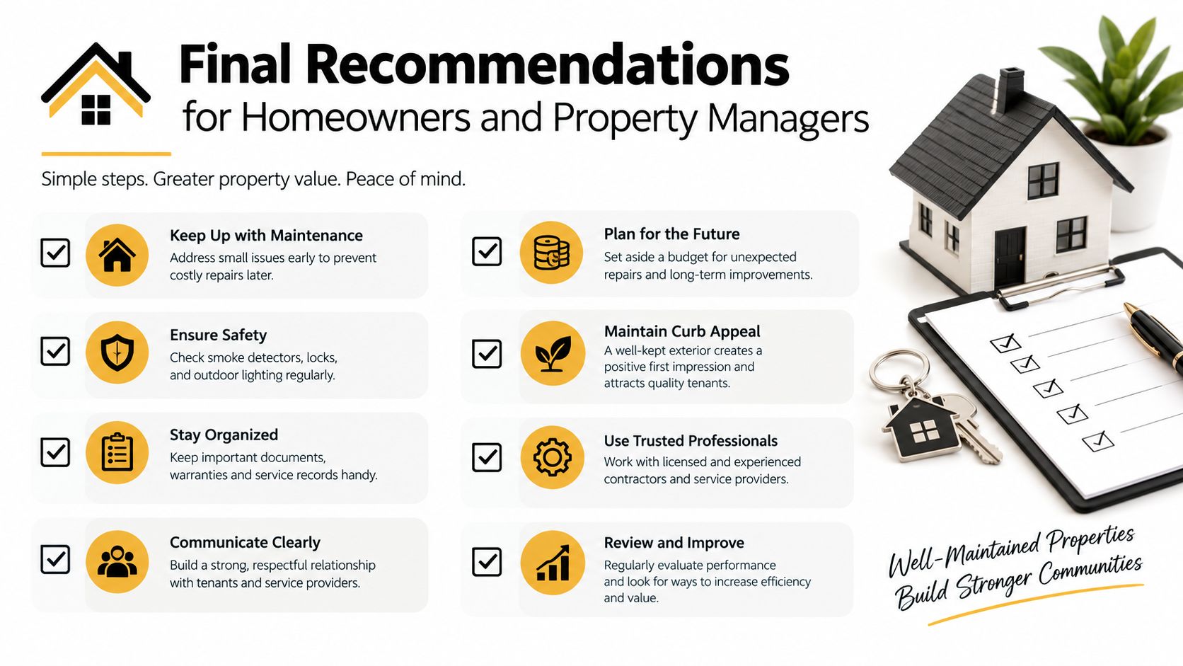 A checklist infographic providing maintenance recommendations for homeowners and property managers to increase value and ensure safety.