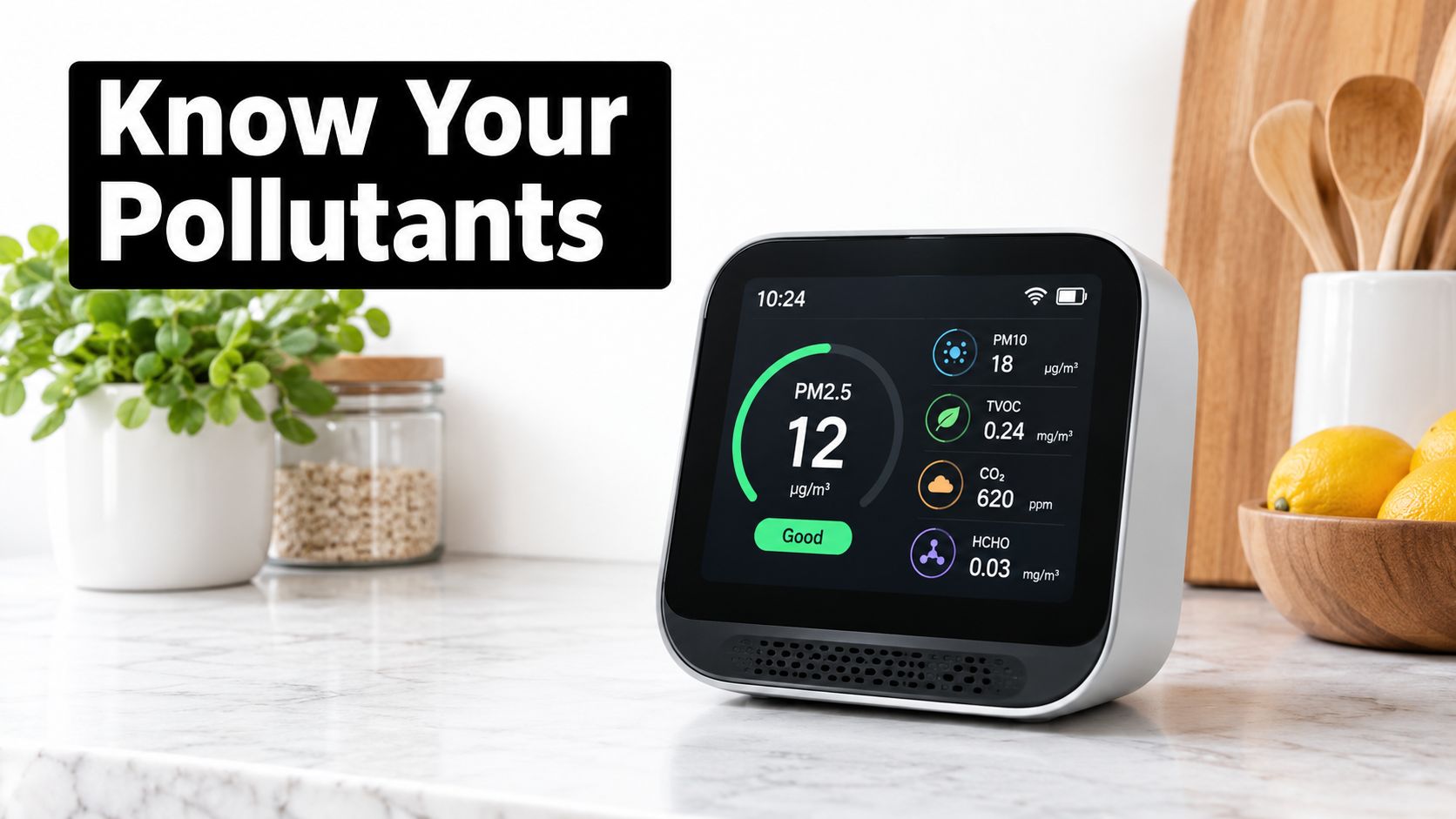 A digital air quality monitor displaying PM2.5, TVOC, CO2, and HCHO levels on a marble kitchen counter.