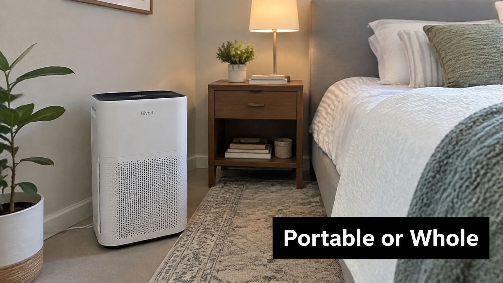 A white Levoit portable air purifier stands on a bedroom rug next to a bedside table.