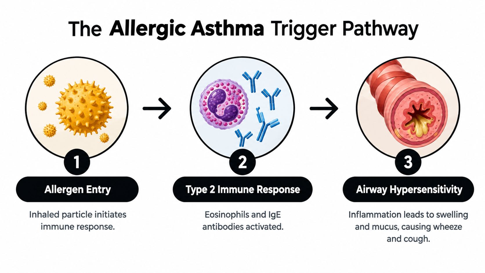A diagram illustrating the three steps of an allergic asthma trigger pathway from allergens to airway inflammation.