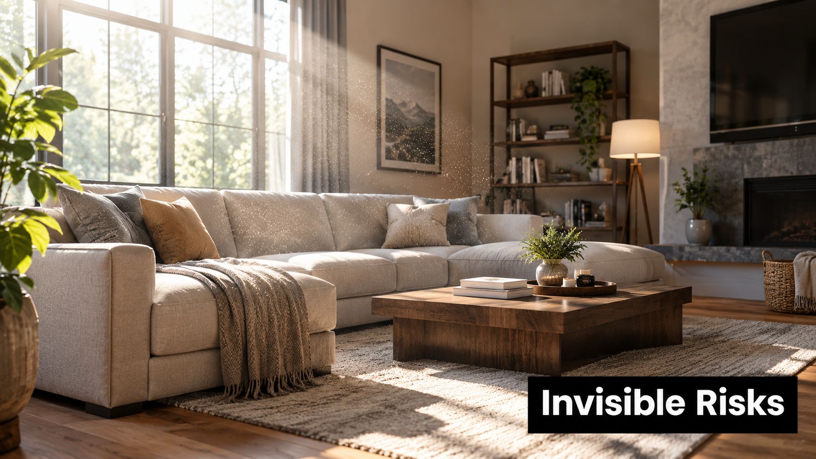 A cozy, sunlit living room featuring floating dust particles in a light beam, representing indoor air quality.