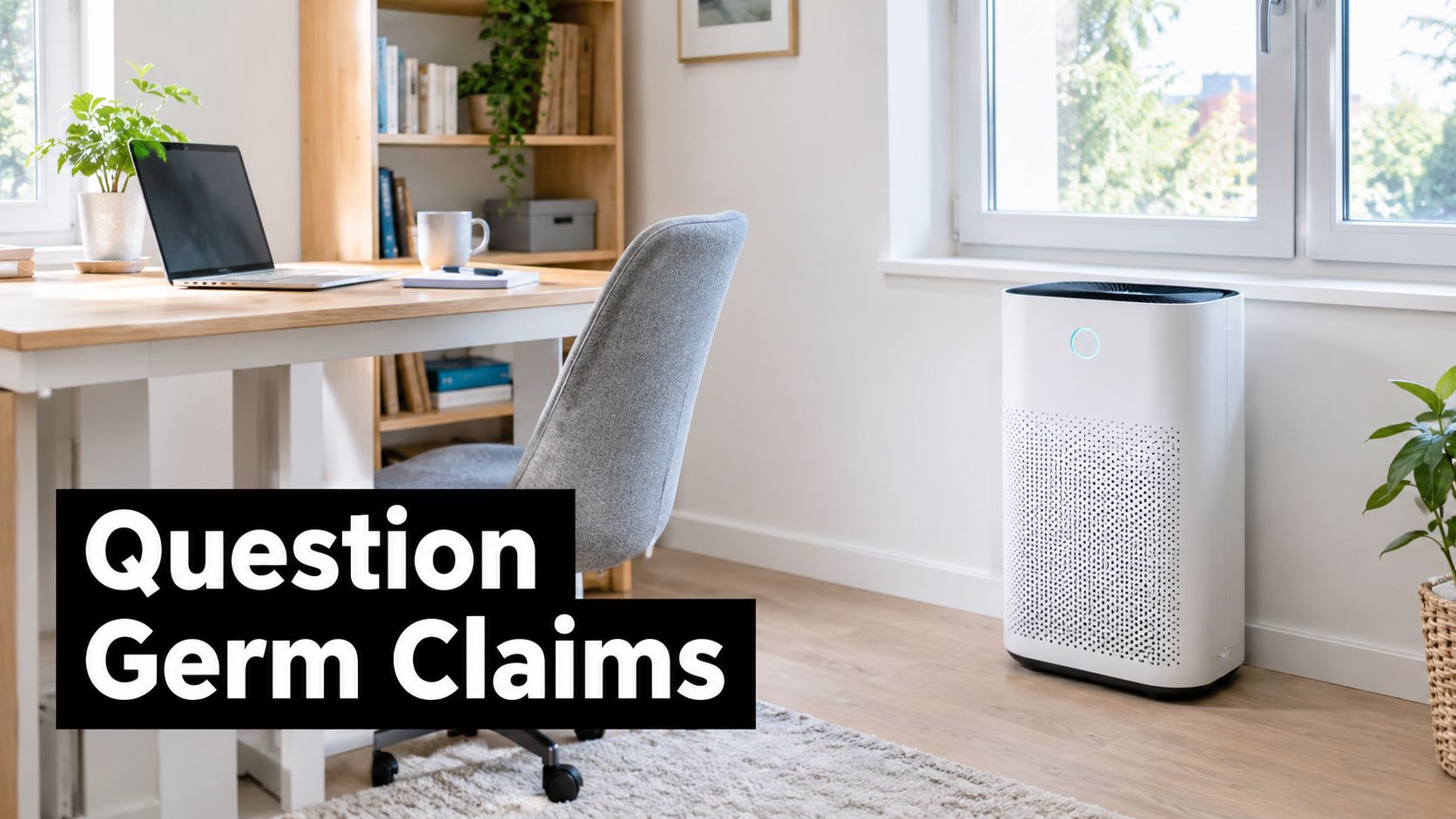 A clean modern home office with a white air purifier placed near a bright sunny window.