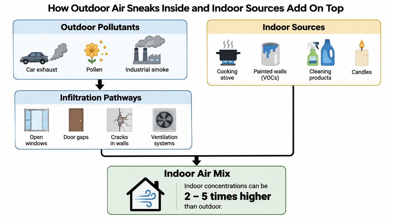 A diagram illustrating how outdoor pollutants and indoor sources contribute to poor indoor air quality.