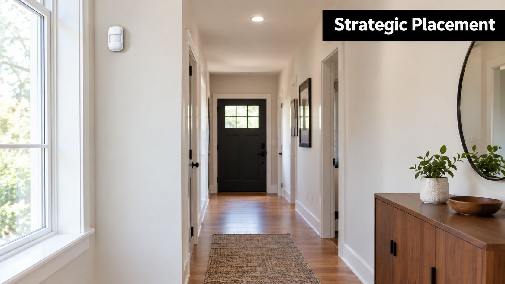 A motion sensor mounted on a wall in a bright, modern residential hallway featuring hardwood floors.