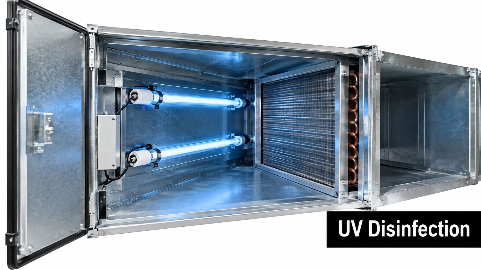 An industrial HVAC air duct system equipped with bright blue ultraviolet lamps for disinfection and air sterilization.