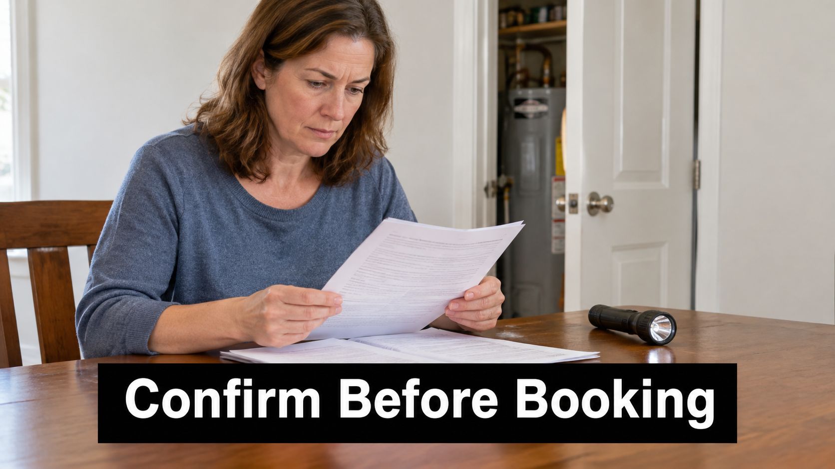 A concerned woman sits at a wooden table reviewing inspection paperwork while holding a flashlight.