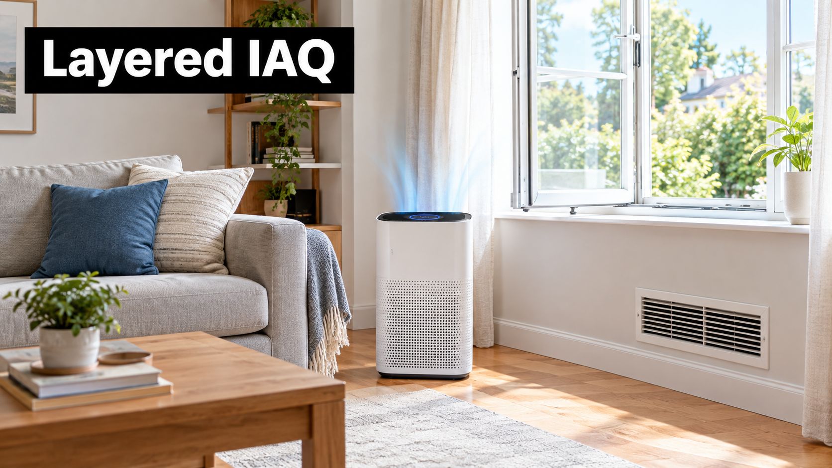 A modern white air purifier operating in a bright, cozy living room next to an open window.