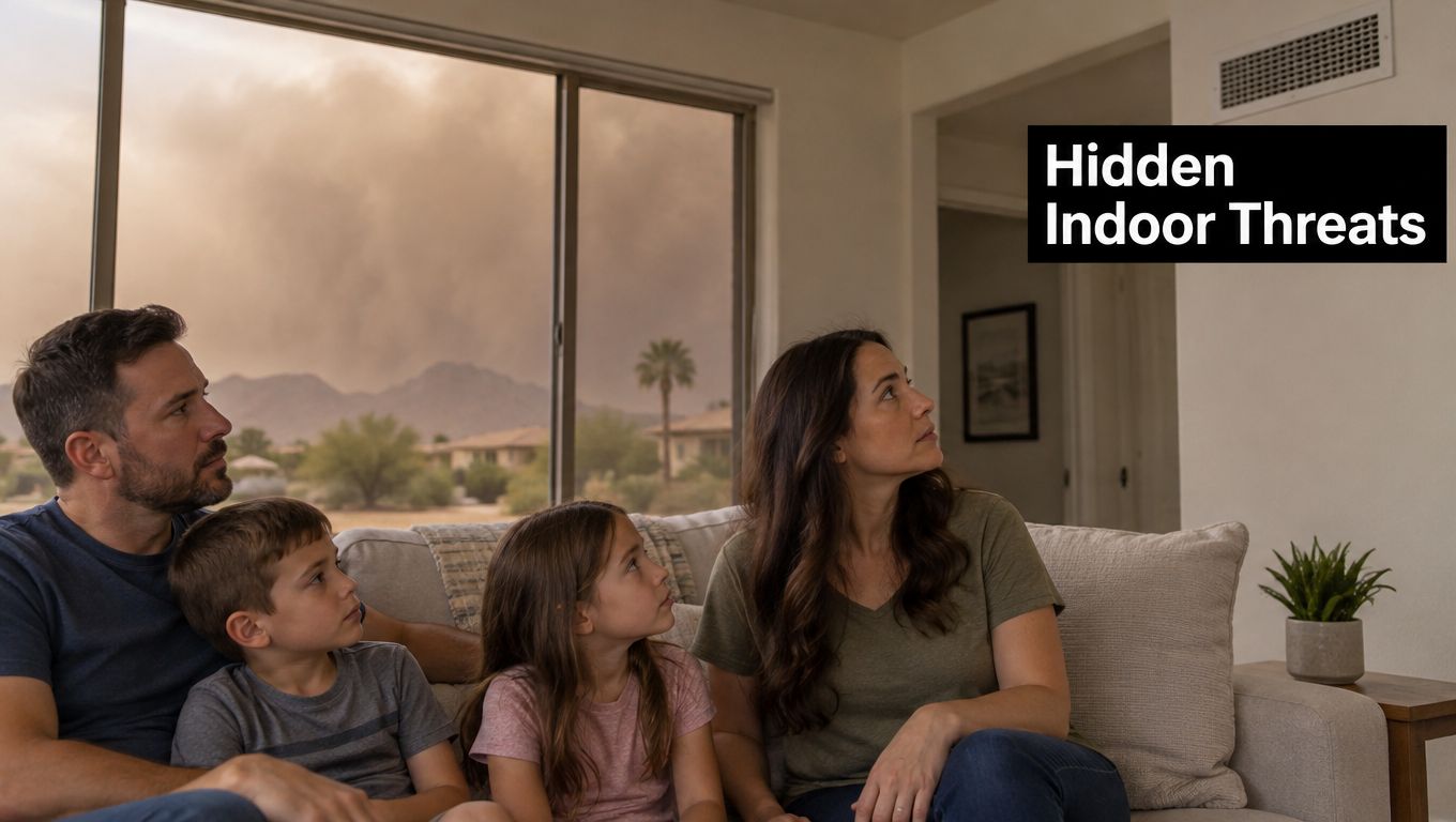 A family sitting on a sofa looking up at an air vent during a wildfire smoke event.
