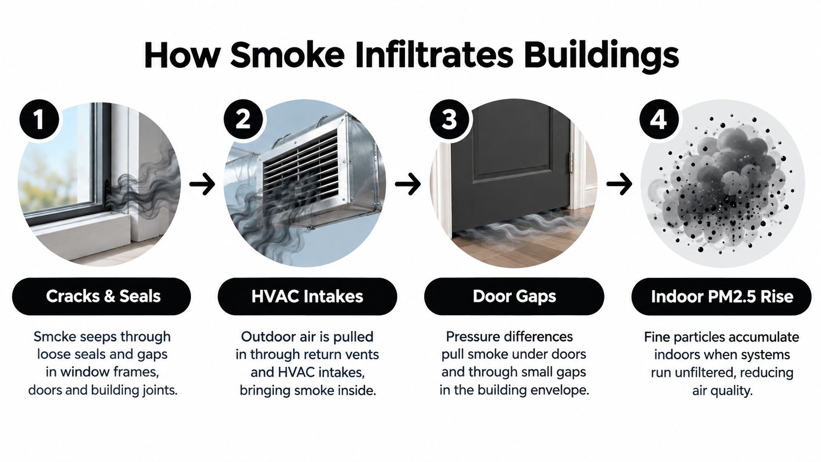 A four-step diagram illustrating how wildfire smoke enters buildings through cracks, vents, and door gaps.
