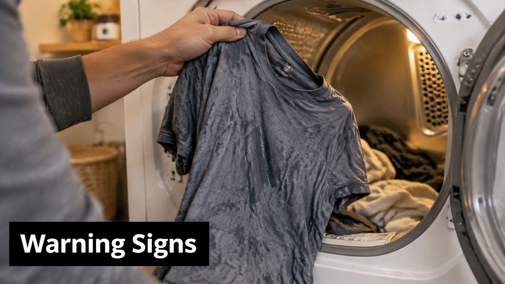 A person holding a wet grey t-shirt in front of an open residential clothes dryer machine.