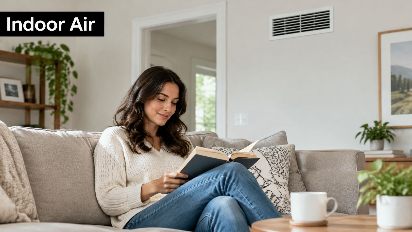 A happy young woman reading a book on a comfortable sofa in a clean, modern home.