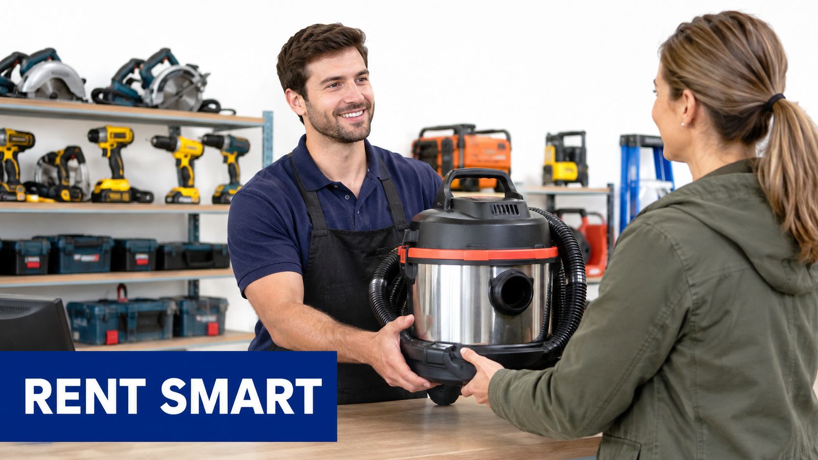 A friendly male shop assistant handing a heavy-duty shop vacuum to a female customer at a counter.
