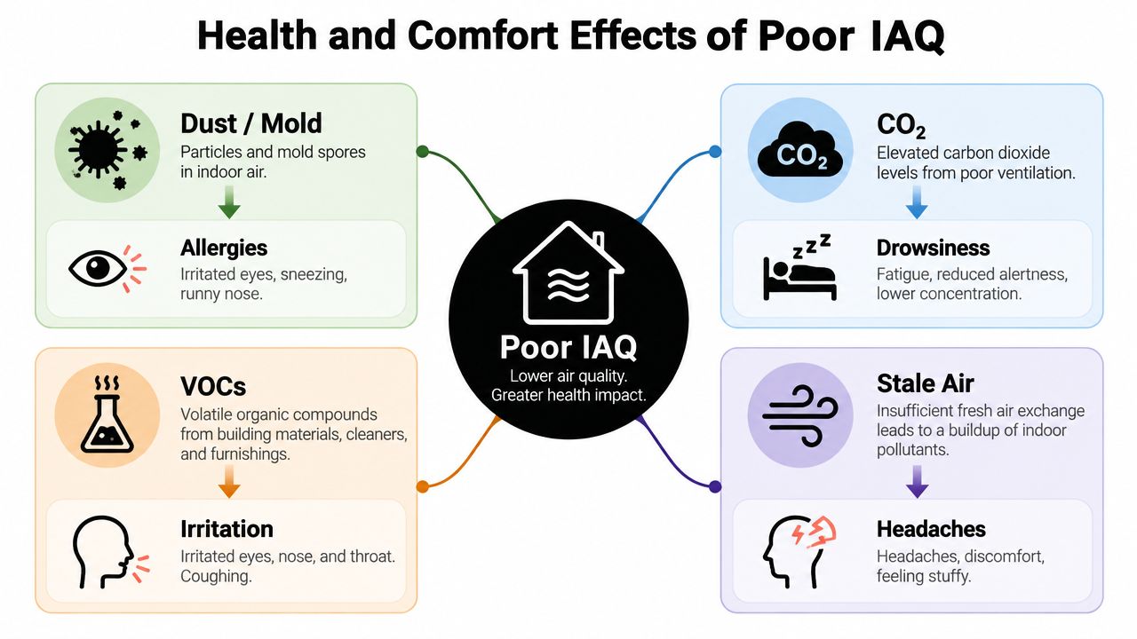 An infographic showing the health and comfort effects of poor indoor air quality, including dust, VOCs, CO2, and stale air.