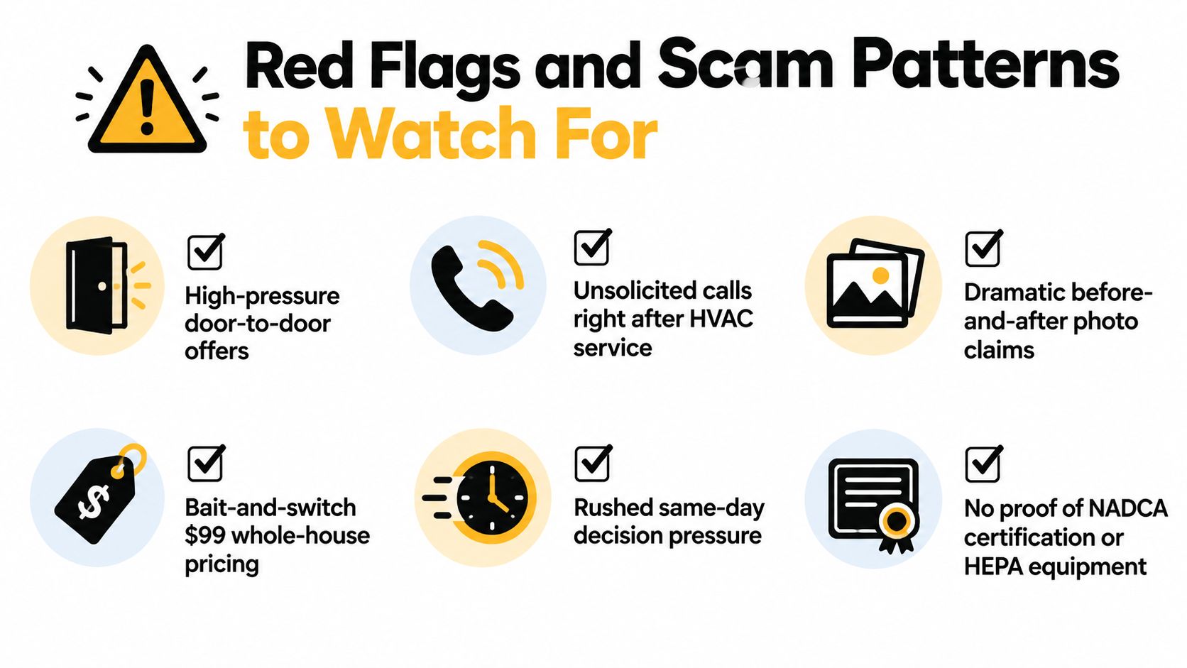 A graphic listing common red flags and scam patterns to watch for regarding HVAC duct cleaning services.