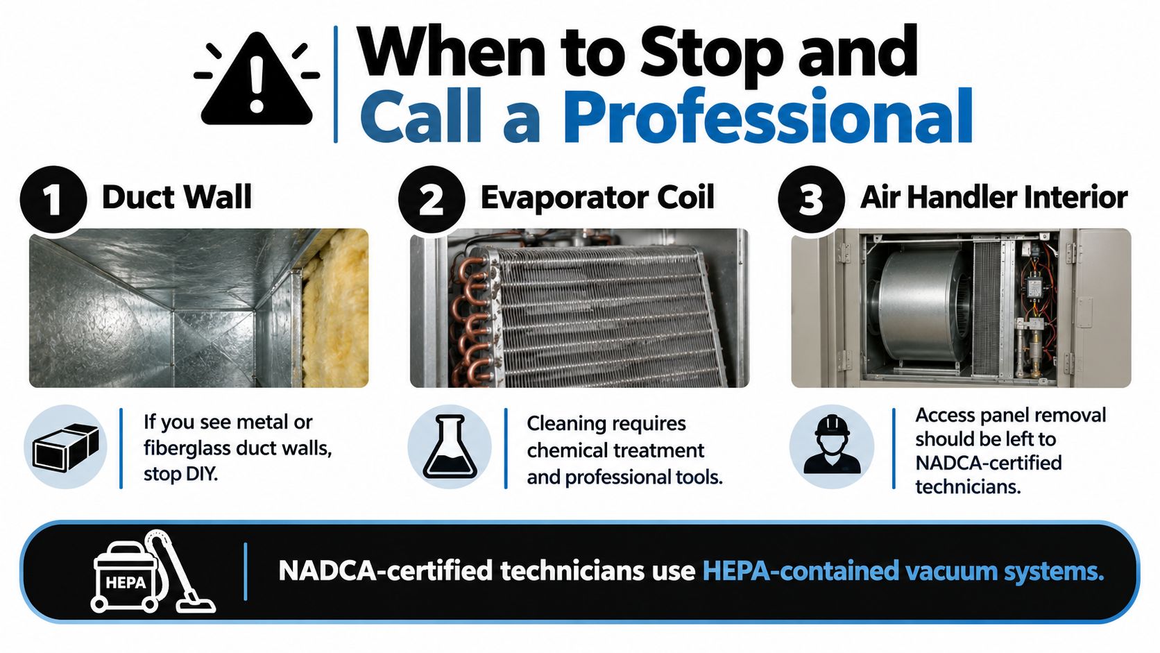 An infographic detailing situations in HVAC maintenance that require calling a professional rather than attempting DIY.