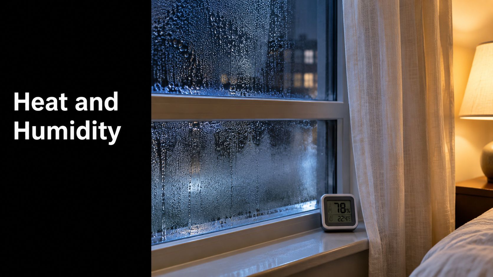 A digital hygrometer showing high humidity levels sitting on a condensation-covered windowsill at night.