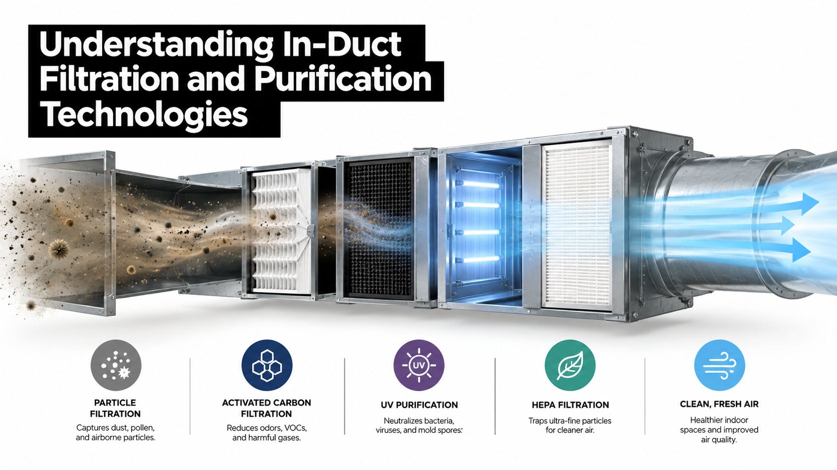 A 3D illustration showing a multi-stage in-duct air purification system cleaning air flowing through a ventilation duct.