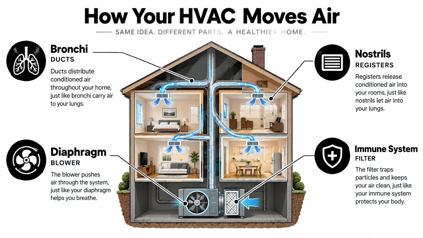 A diagram comparing HVAC system components like ducts, blowers, and filters to human body organs for breathability.