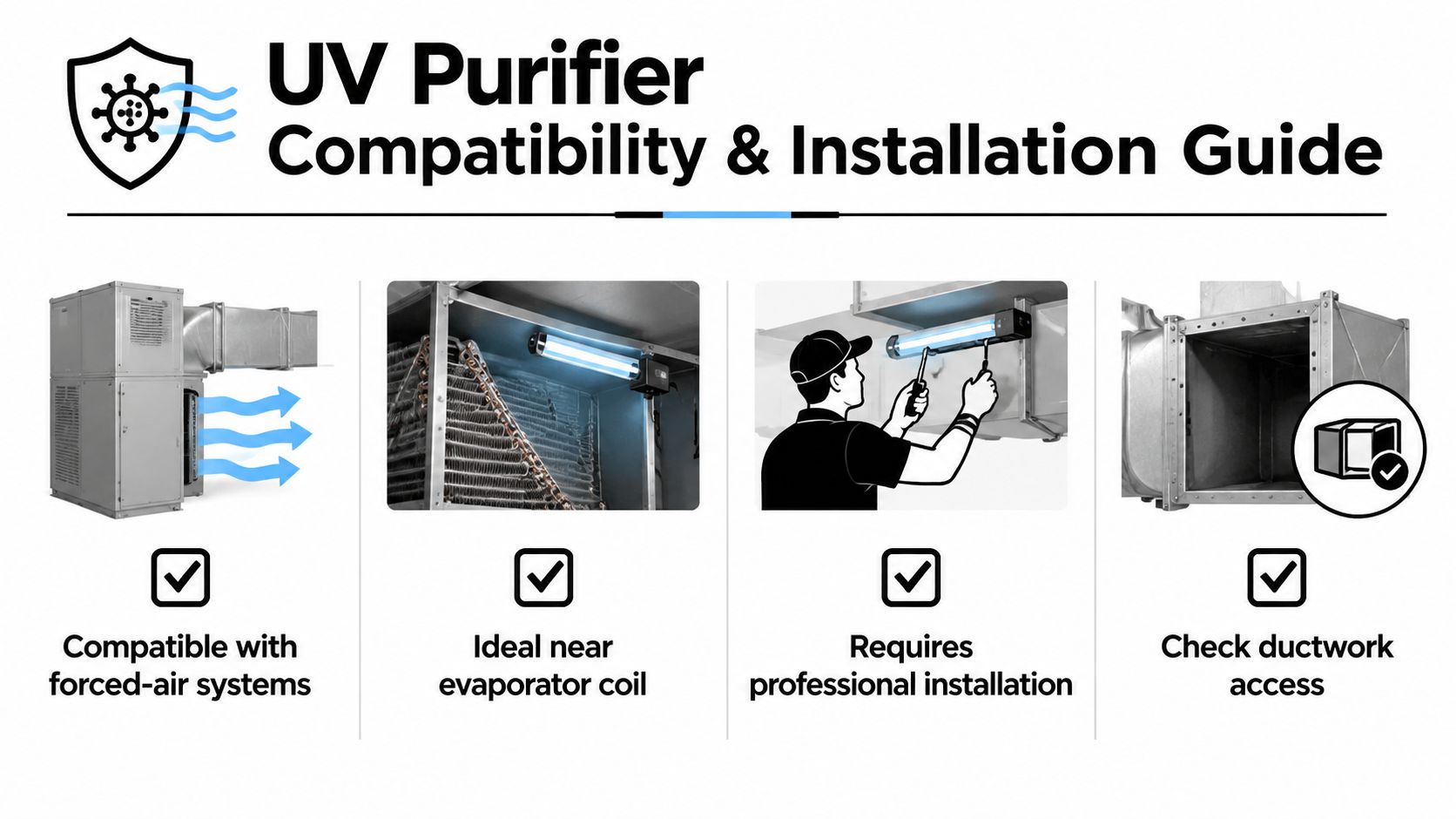 A guide showing UV air purifier compatibility and installation steps for forced-air HVAC duct systems.