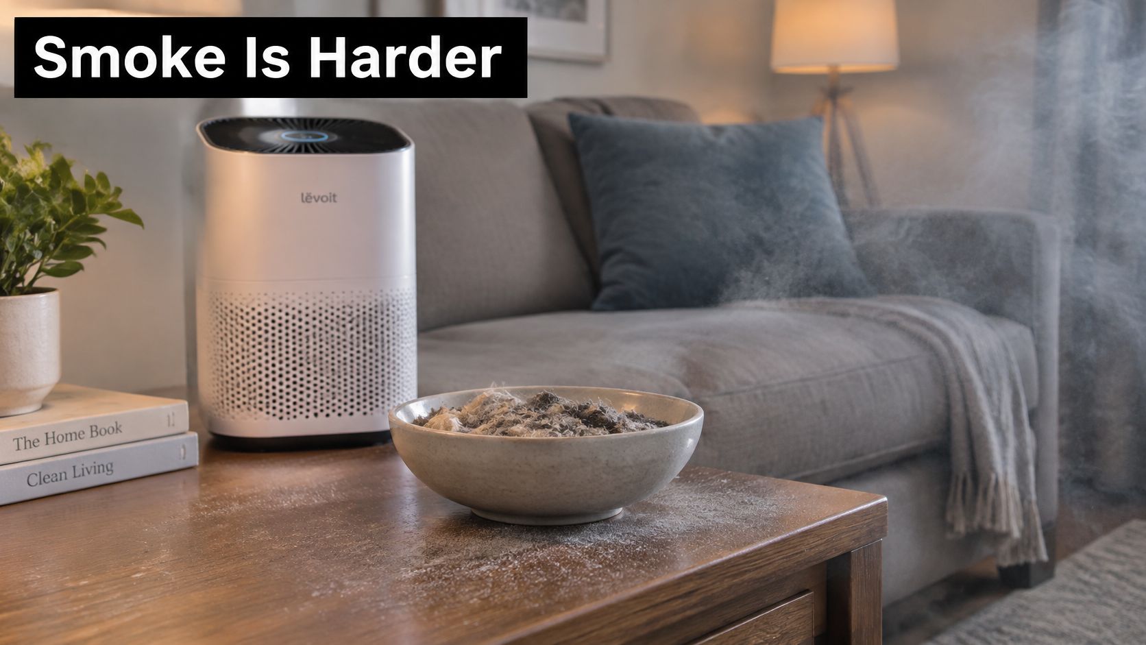 An air purifier sits on a living room table next to a bowl containing dust and debris.
