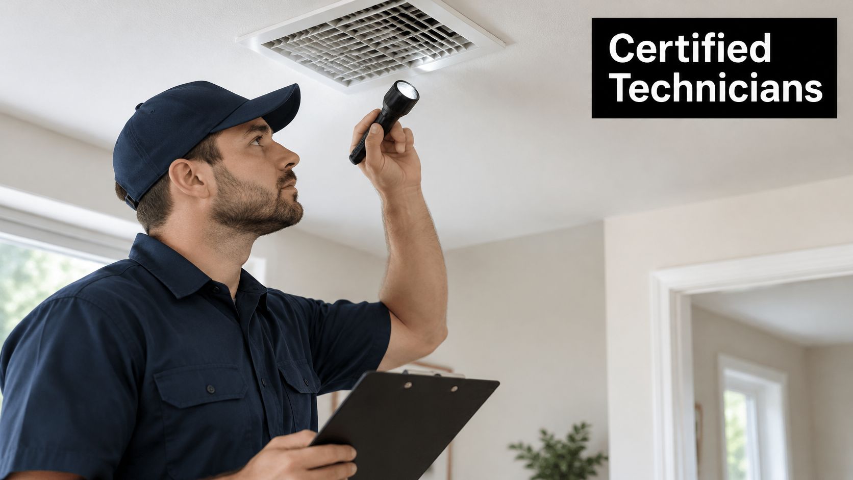 A professional service technician wearing a blue uniform holding a flashlight inspecting a ceiling air duct vent.