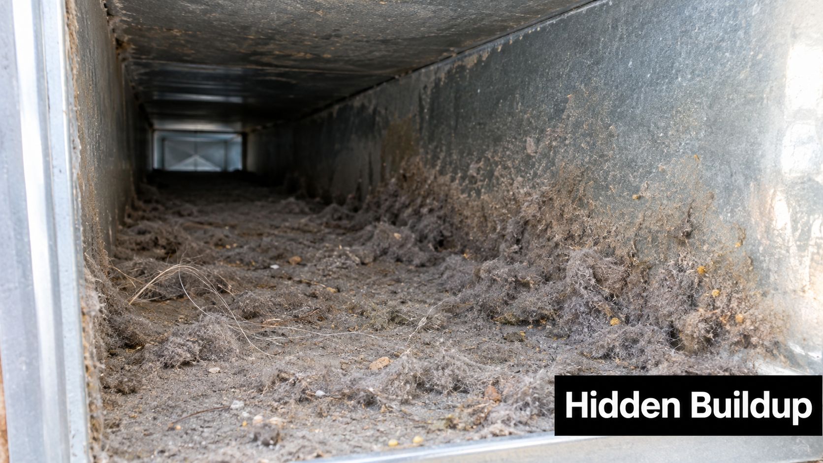 A close-up inside a residential air duct showing a significant buildup of thick dust and gray debris.
