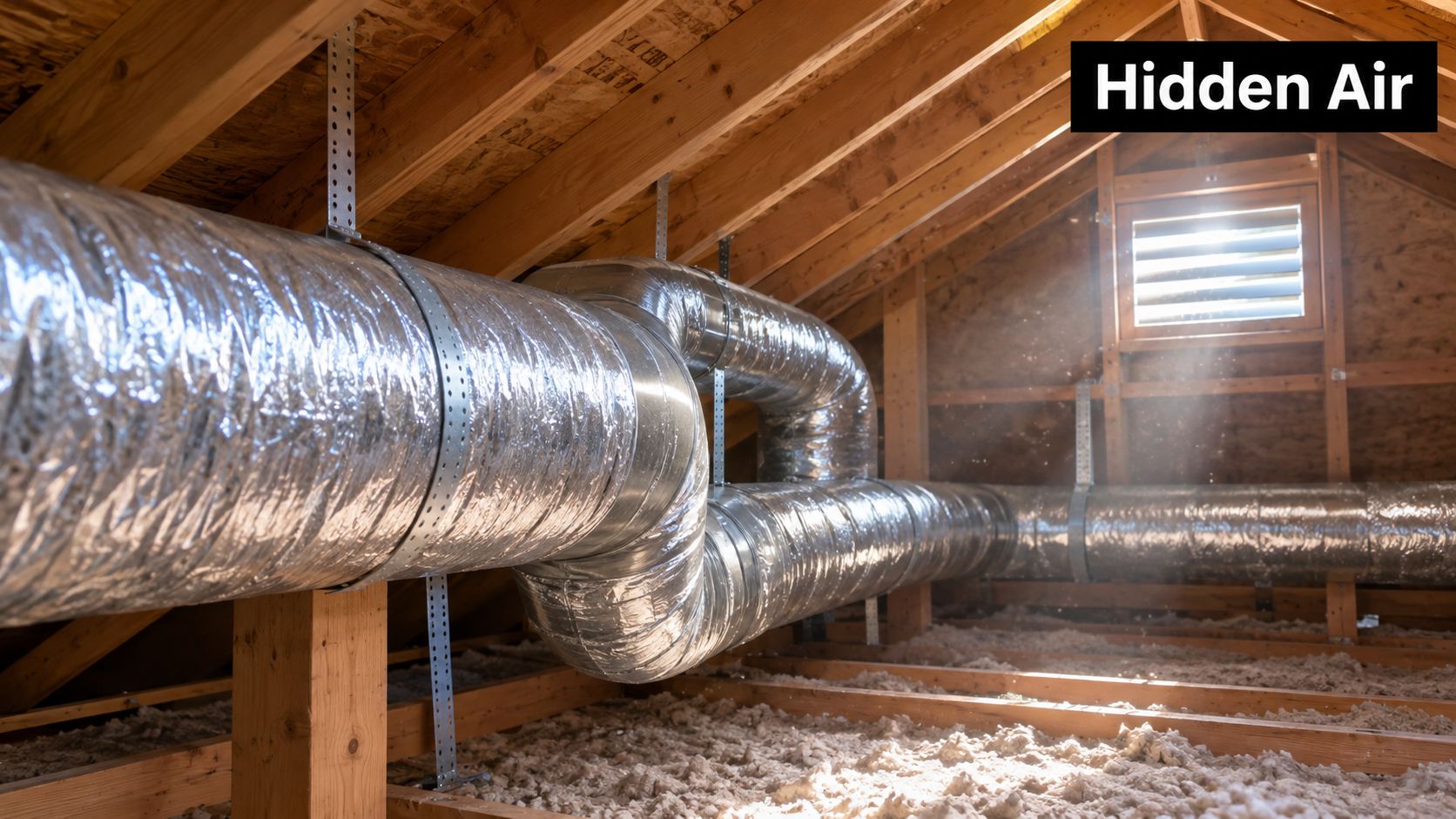 Flexible silver HVAC air ducts installed in an unfinished residential attic space with insulation and ventilation.