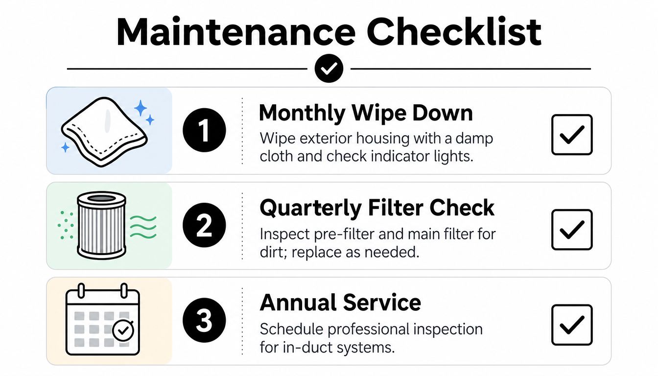 A maintenance checklist for home air scrubbers featuring steps for monthly cleaning, quarterly filter checks, and annual professional servicing.