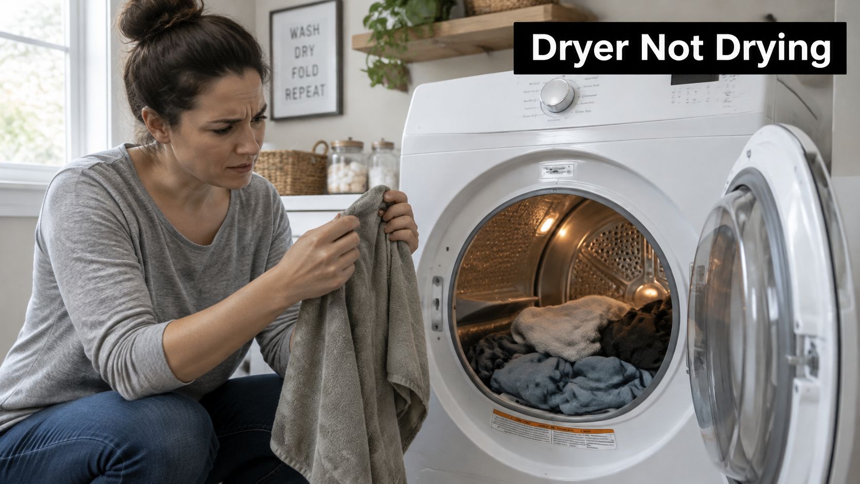A frustrated woman holding a damp towel in front of an open clothes dryer at home.