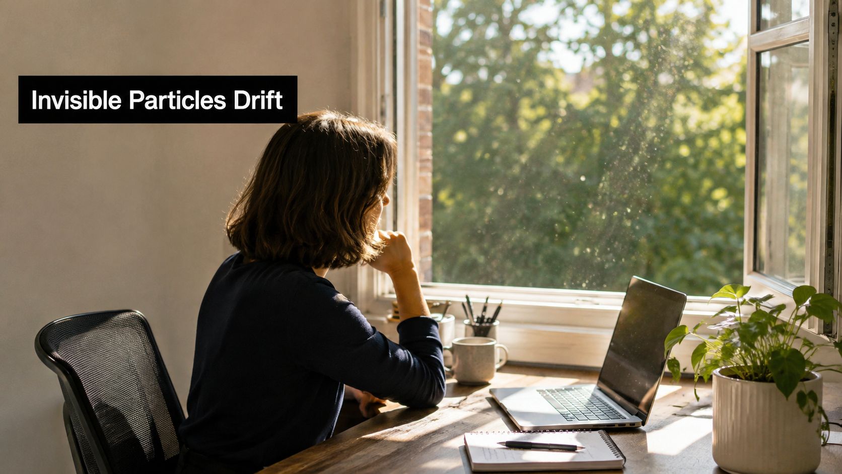 A woman sits at a wooden desk by a window, looking outside, with a laptop nearby.