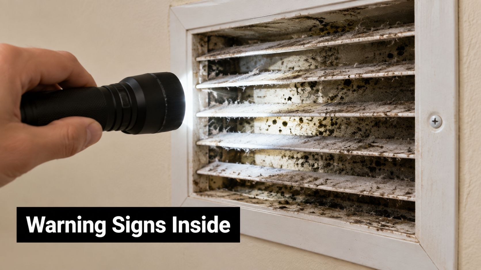 A hand shines a flashlight into a dusty air vent showing signs of mold and debris buildup.