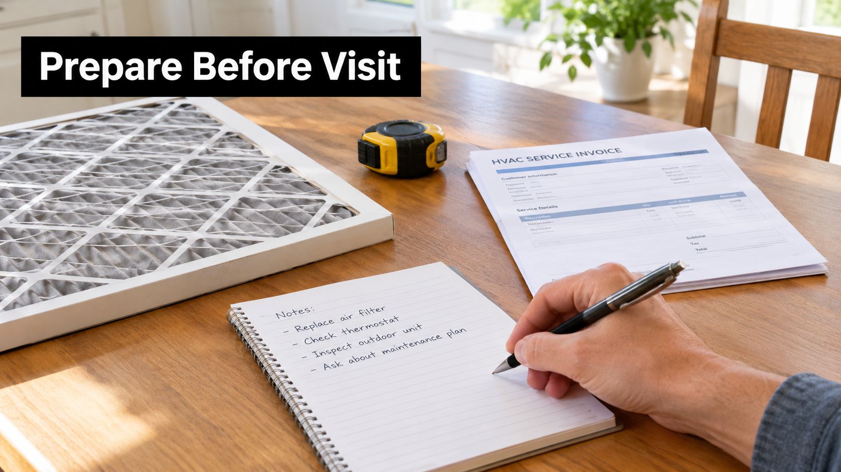 A person writing a preparation checklist for an HVAC technician visit on a wooden table.